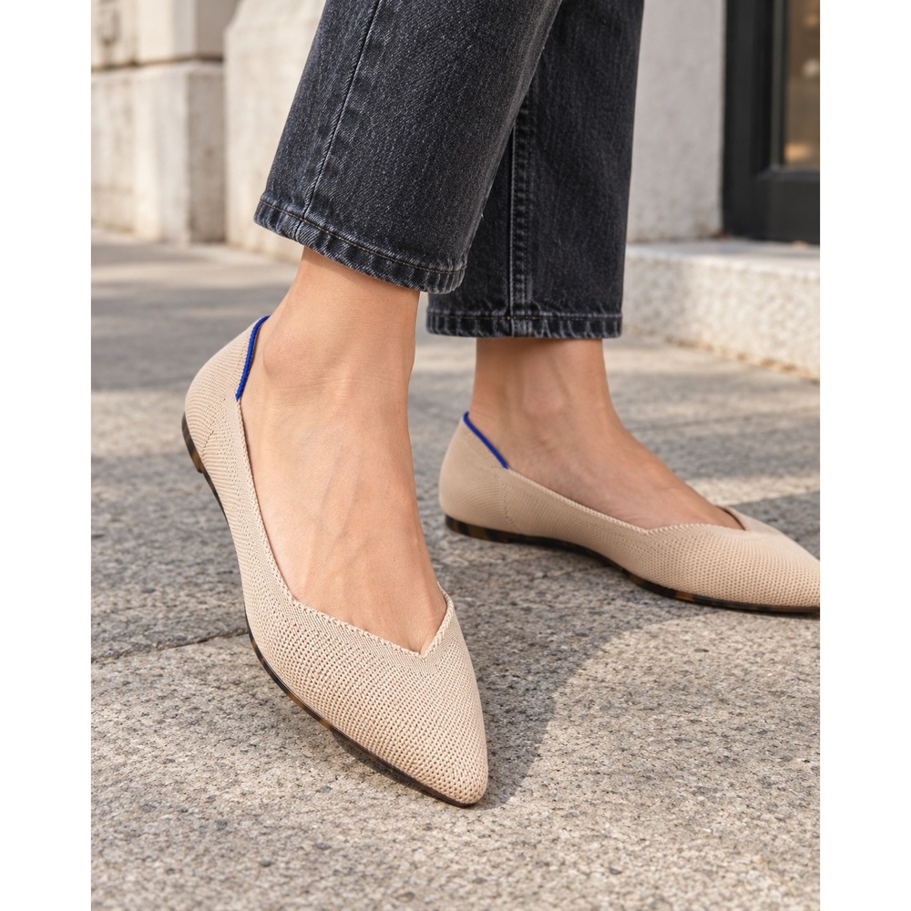 Rothy's The Point Ecru Beige Knit Pointed Toe Tortoise Sole Flats W8 EU38